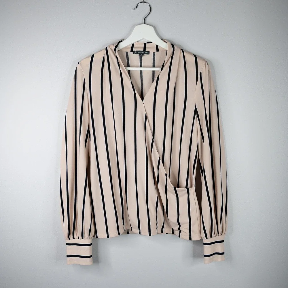 Adrianna Papell Blouse Women's Small Blush/Black stipe faux wrap Business casual